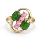 9ct gold pink and green stone ring, size N, 3.5g : For Further Condition Reports Please Visit Our