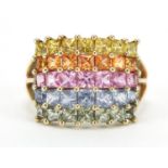 9ct gold multi gem five row cluster ring, size N/O, 4.3g : For Further Condition Reports Please