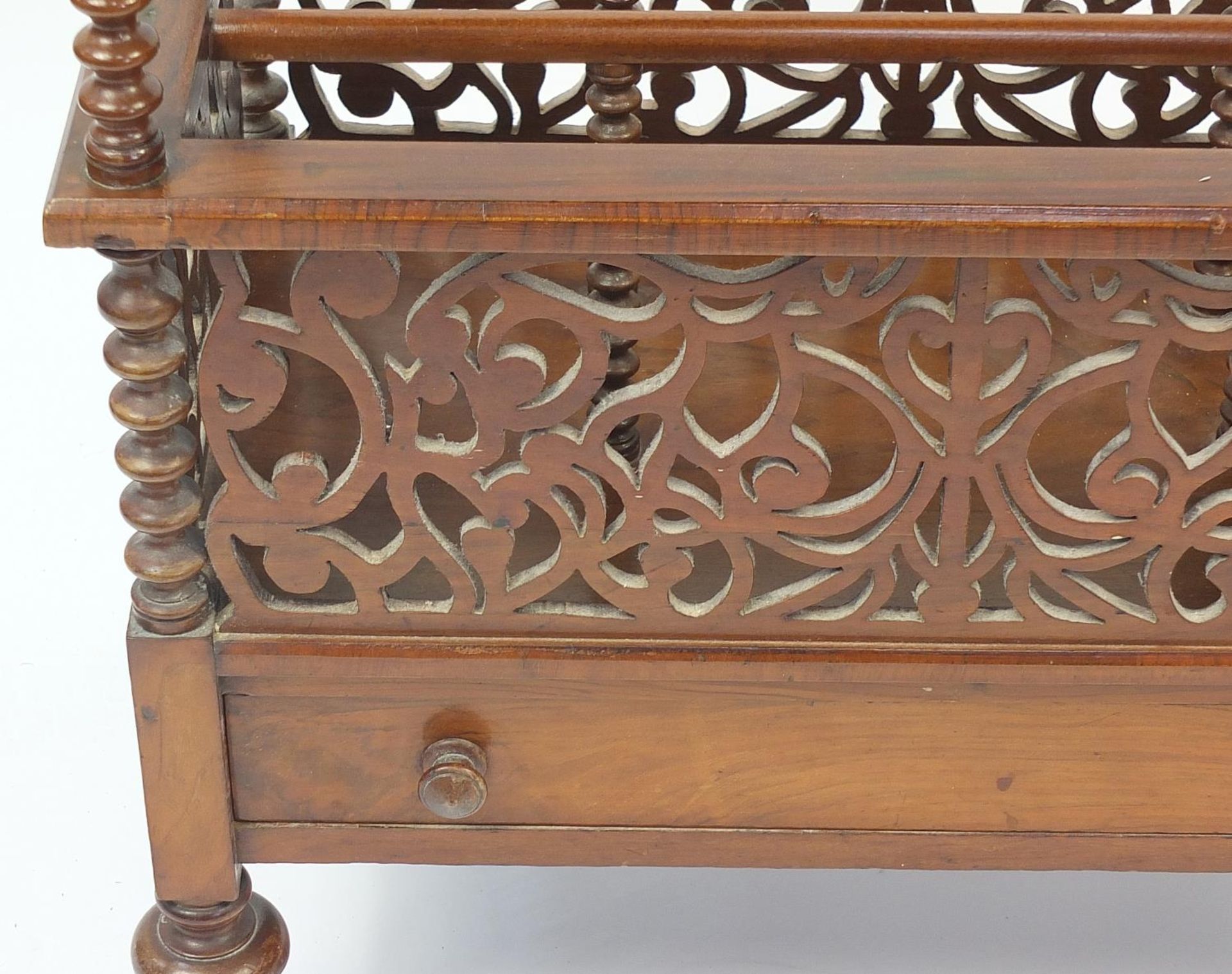 Victorian burr walnut Canterbury with brass gallery and drawer to the base, 100cm H x 67cm W x - Image 4 of 5