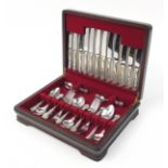 Mahogany six place canteen of Sheffield Regalia stainless steel cutlery, the canteen 40cm wide : For