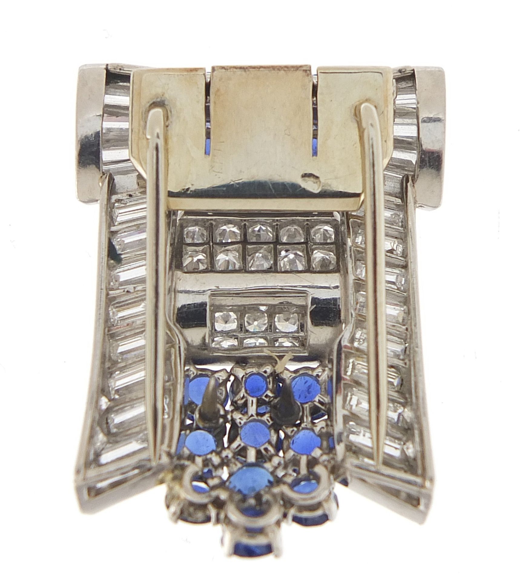 Good Art Deco diamond and sapphire three piece scarf clip brooch, A & M maker's mark, 6cm wide, 32. - Image 14 of 21