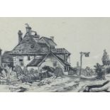 E Brown 1915 - House beside a path, early 20th century heightened pencil sketch, Wilfrid Coates