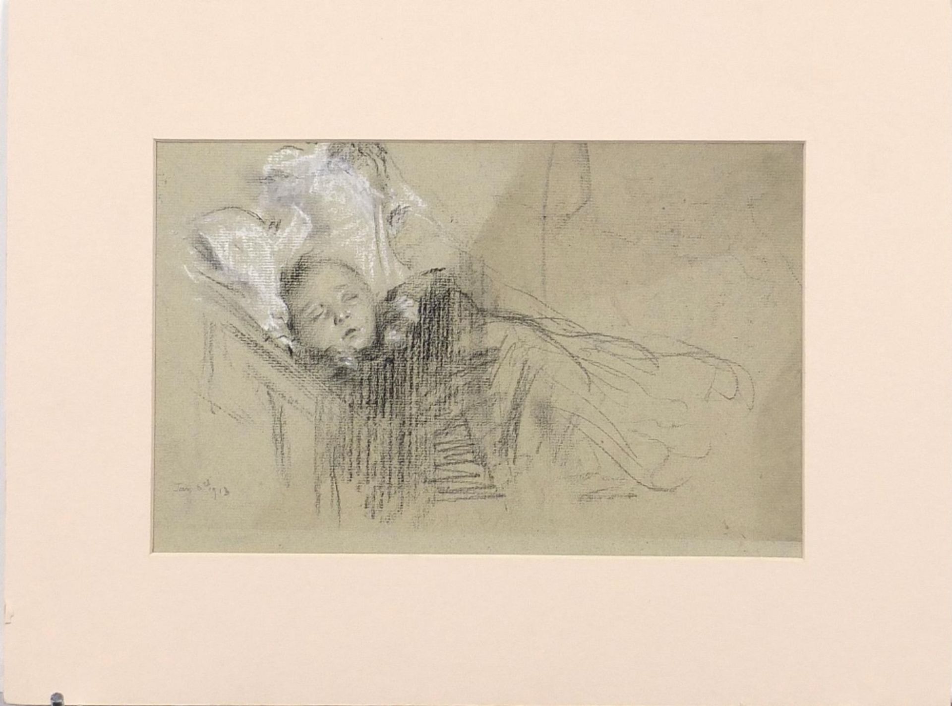 Two sleeping children, pair of early 20th century heightened chalk drawings, dated 8th January 1913, - Image 3 of 9