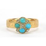 Victorian 18ct gold turquoise and seed pearl ring with chased band, London 1866, size P, 4.0g :