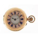 Ladies 9ct gold and enamel half hunter pocket watch, 34mm in diameter, 28.0g : For Further Condition