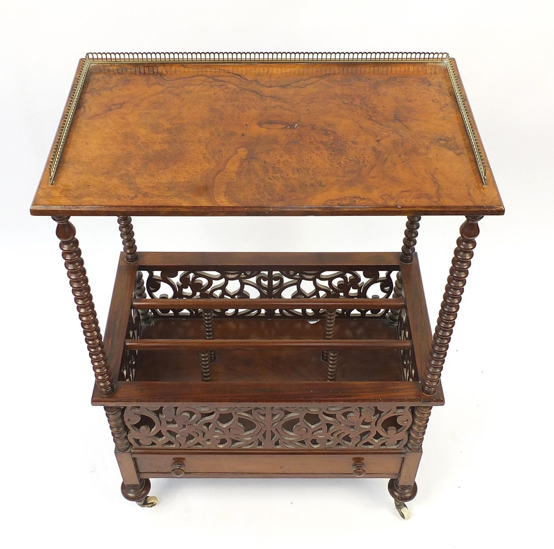 Victorian burr walnut Canterbury with brass gallery and drawer to the base, 100cm H x 67cm W x - Bild 3 aus 5