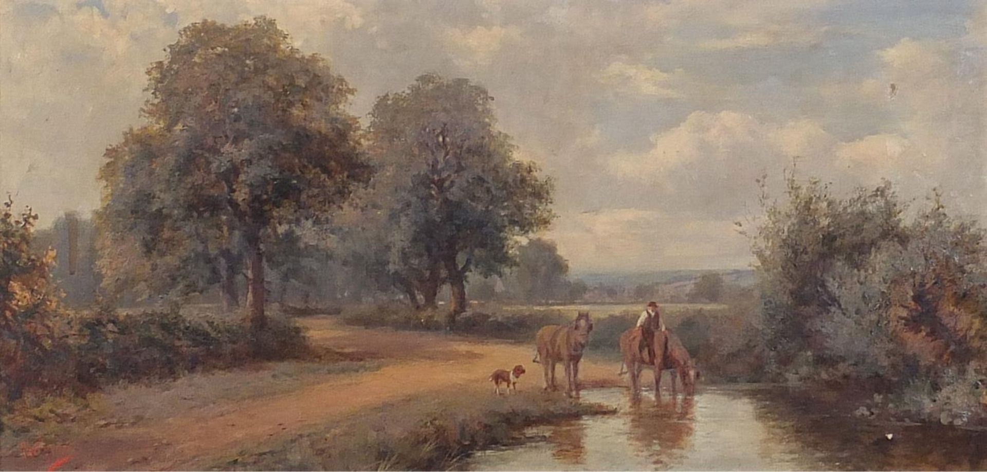 Horses beside a path and water, Edwardian oil on canvas, monogrammed MH, mounted and framed, 60cm