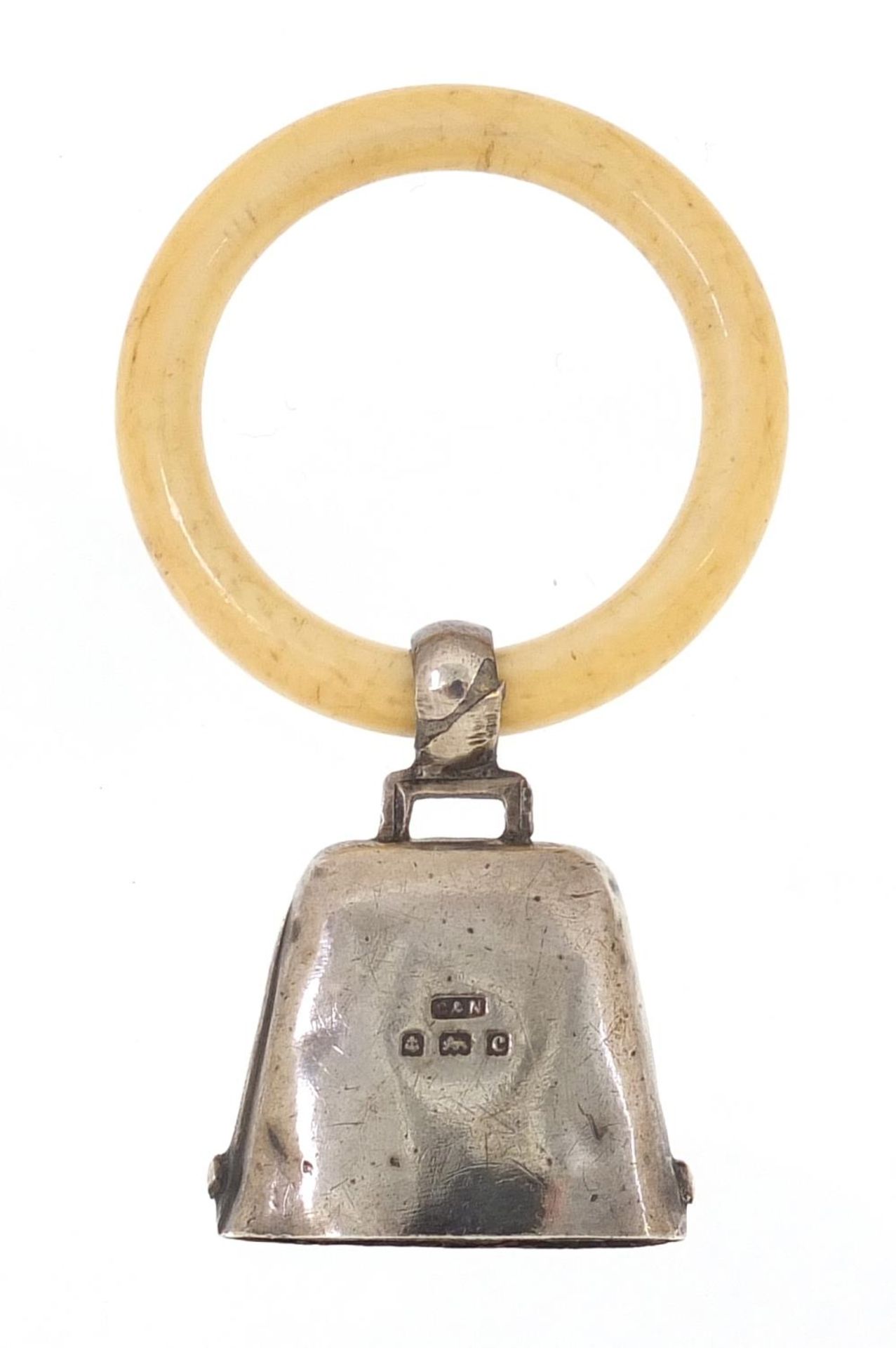 Crisford & Norris Ltd, Edwardian silver and enamel babies rattle with bone teething ring, Birmingham - Bild 2 aus 3