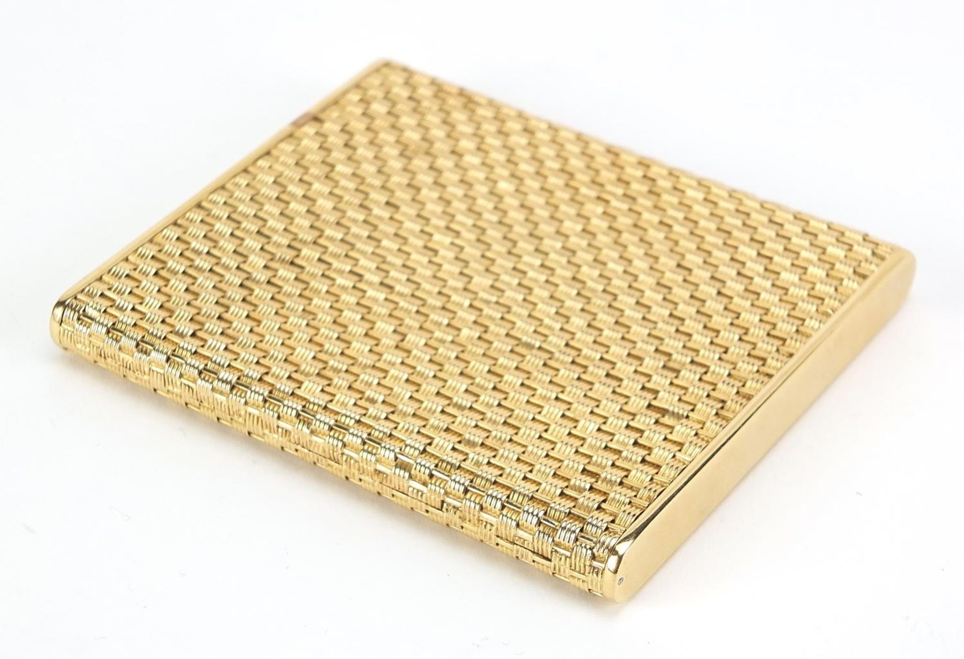 18ct gold basket weave design cigarette case with blue sapphire push button, marked 750 to the - Image 4 of 8