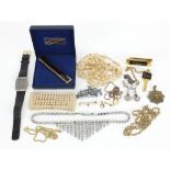 Antique and later costume jewellery and objects including unmarked gold bar brooch, silver marcasite