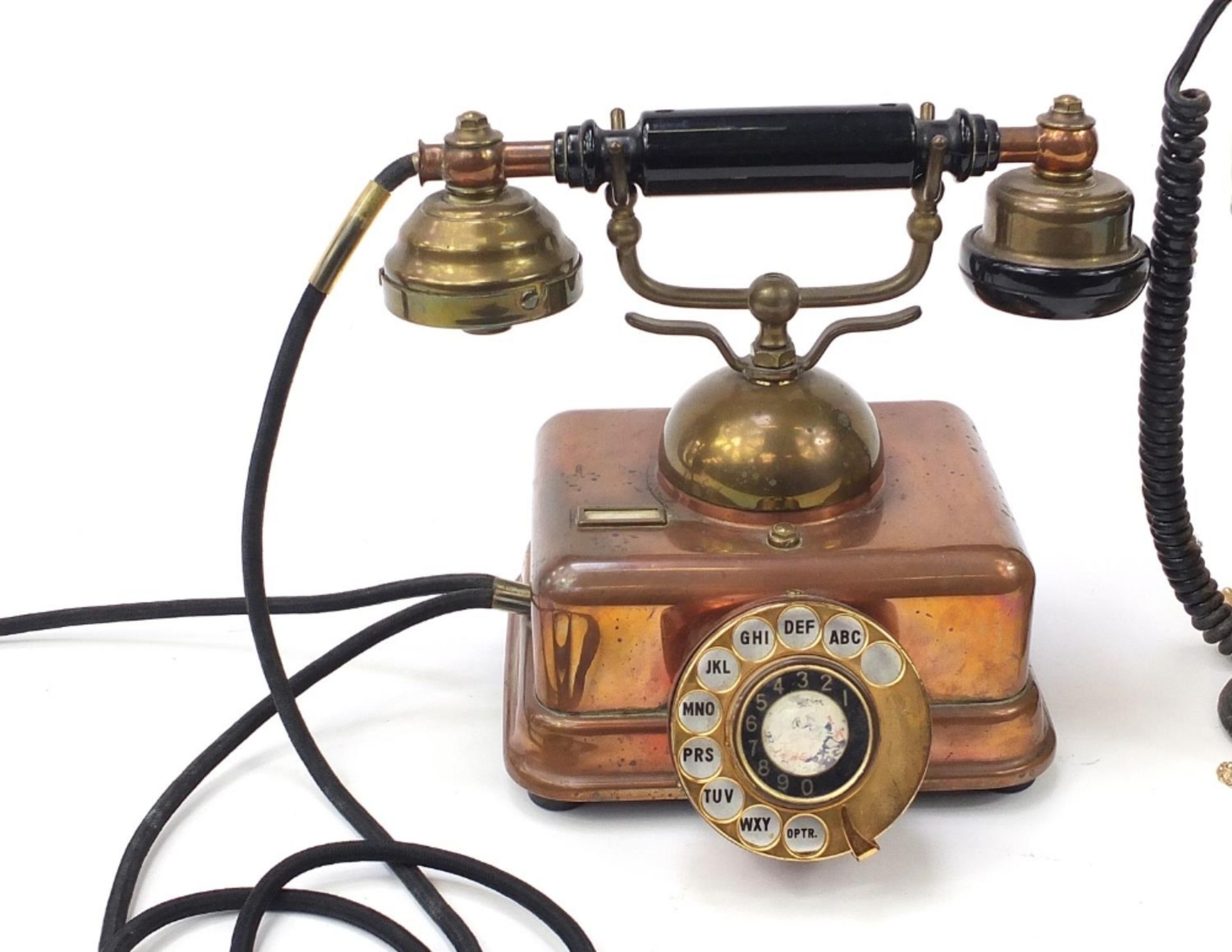 Vintage copper and brass dial telephone and an onyx example, the largest 27cm high : For Further - Image 3 of 6