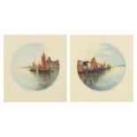 Moored boats beside buildings, pair of French pencil signed prints in colour, mounted, framed and