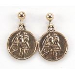 Pair of 9ct gold St Christopher drop earrings, 1.5cm high, 1.9g : For Further Condition Reports