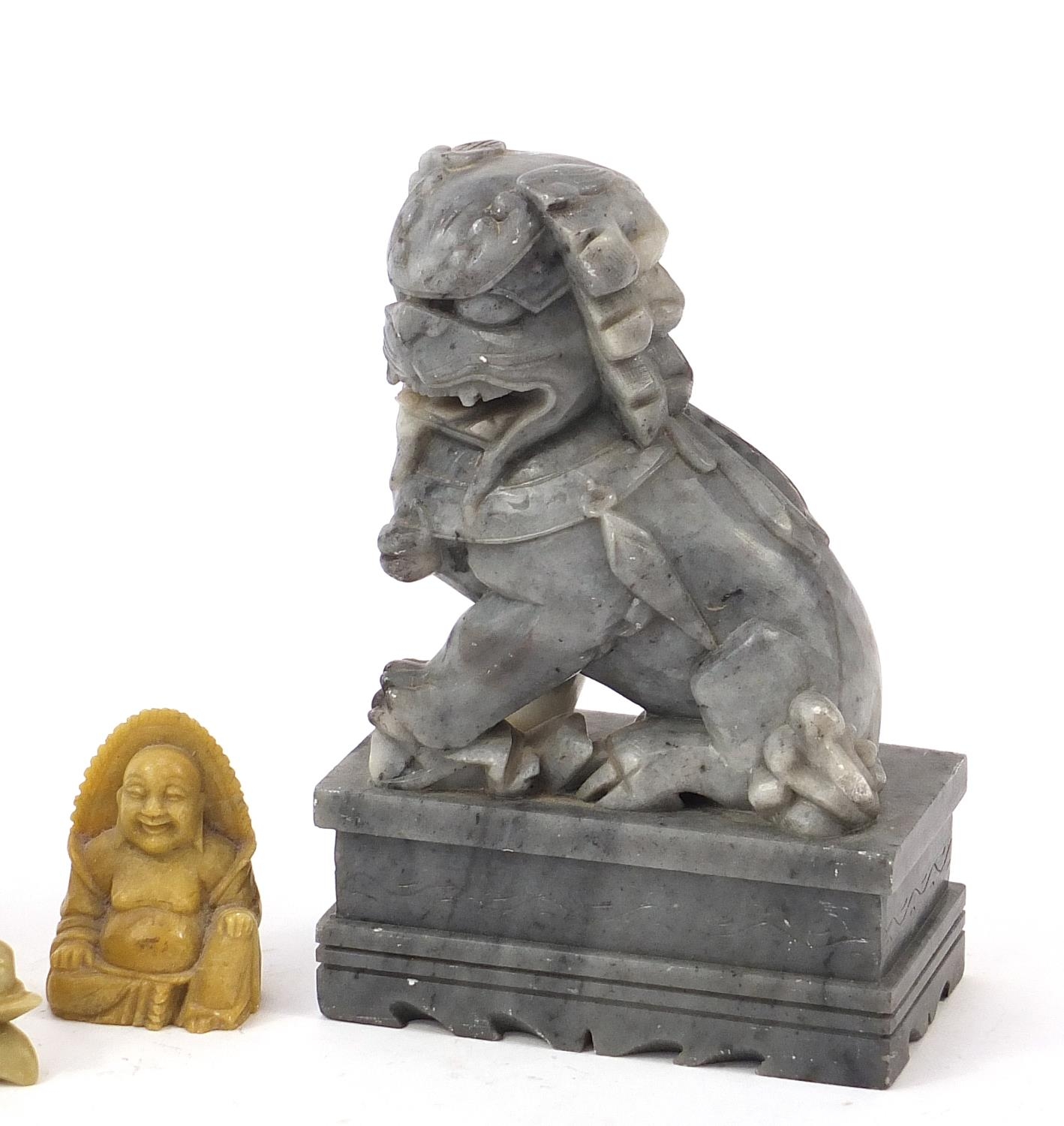 Chinese stone carvings including a pair of Foo dogs and a Buddha, the largest each 18cm high : For - Image 3 of 8