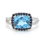 9ct white gold blue topaz, sapphire and diamond ring, size O/P, 4.7g : For Further Condition Reports