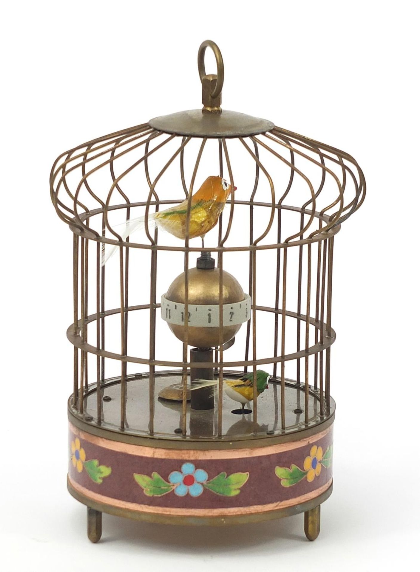 Brass and cloisonne clockwork automaton bird cage with alarm clock, 20cm high : For Further - Image 2 of 3