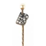 Unmarked gold initial B diamond and pearl stick pin, 7cm in length, 1.4g : For Further Condition