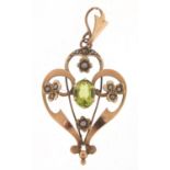 Art Nouveau 9ct gold peridot and seed pearl pendant, 4cm high, 1.7g : For Further Condition