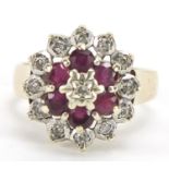 9ct gold ruby and diamond three tier cluster ring, size K, 4.5g : For Further Condition Reports