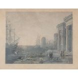 After Claude Lorrain - A seaport in the Mediterranean, 19th century coloured engraving, mounted,