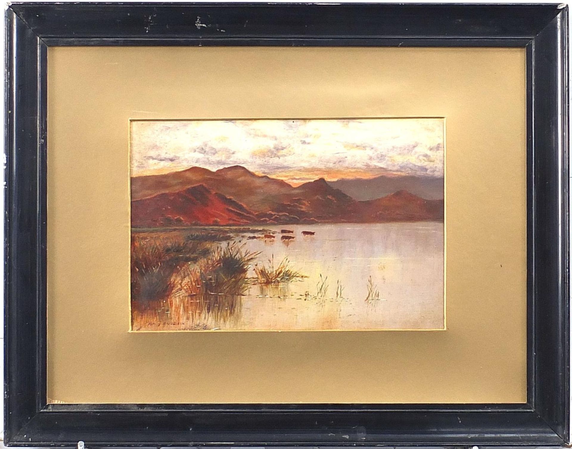 Cattle and water before mountains, oil, mounted and framed, 30cm x 19.5cm excluding the mount and - Image 2 of 6