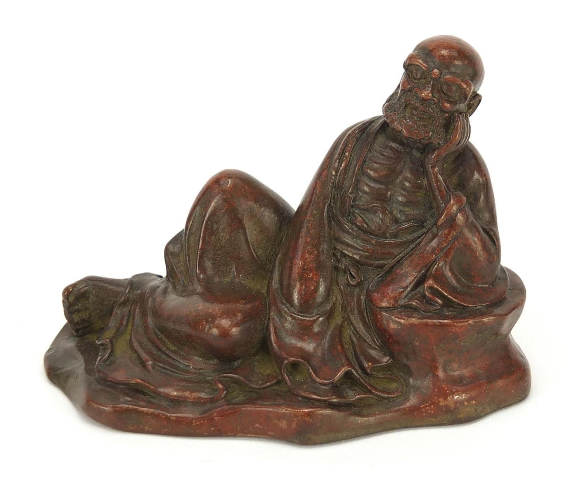 Japanese patinated bronze figure of an immortal, character marks to the base, 8cm wide : For Further - Image 2 of 8