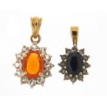 Two 9ct gold pendants, one set with sapphire and diamonds, the other with an orange stone and