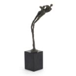 Modernist patinated bronze study of two figures raised on a square marble base, 25cm high : For