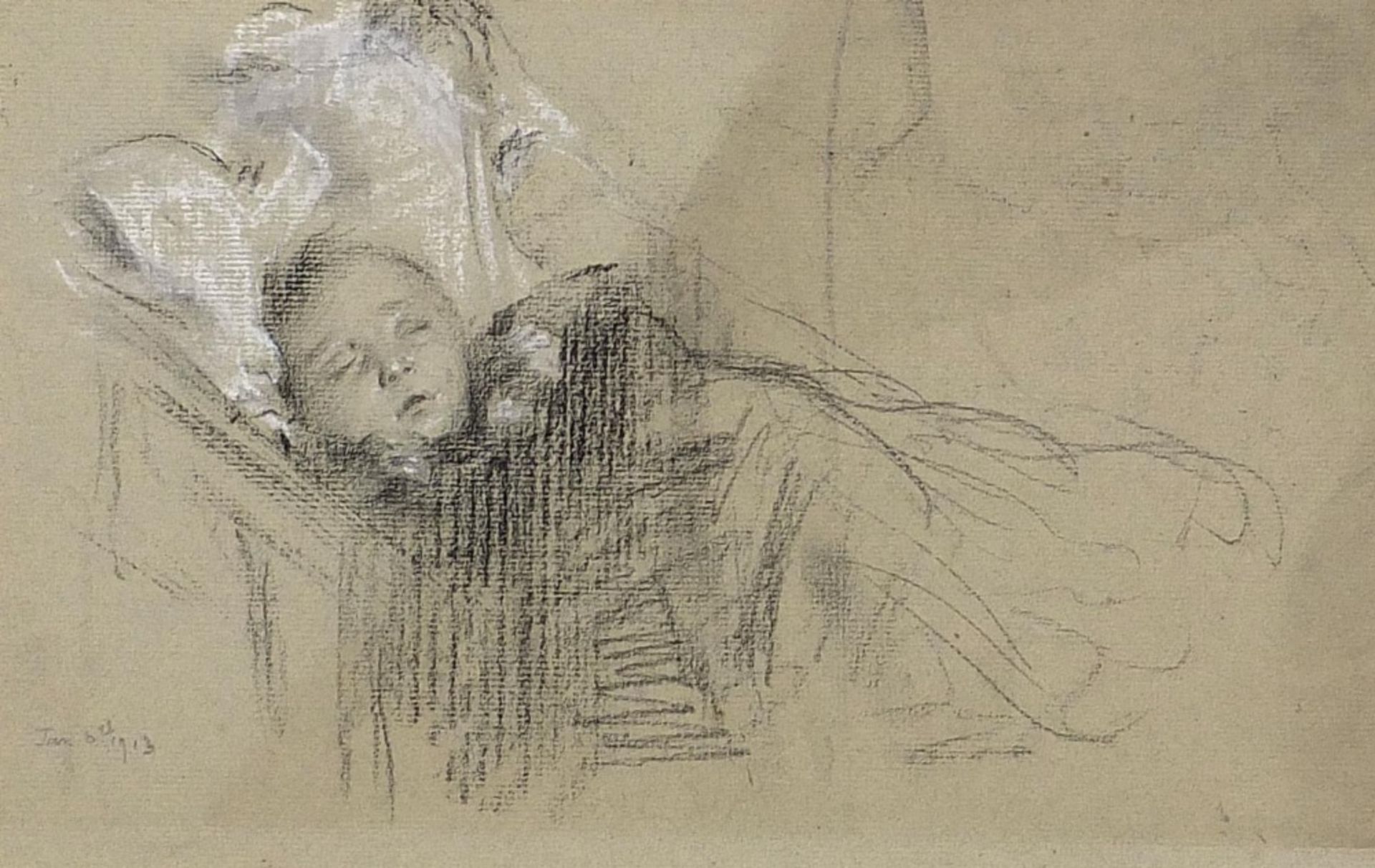 Two sleeping children, pair of early 20th century heightened chalk drawings, dated 8th January 1913, - Image 2 of 9