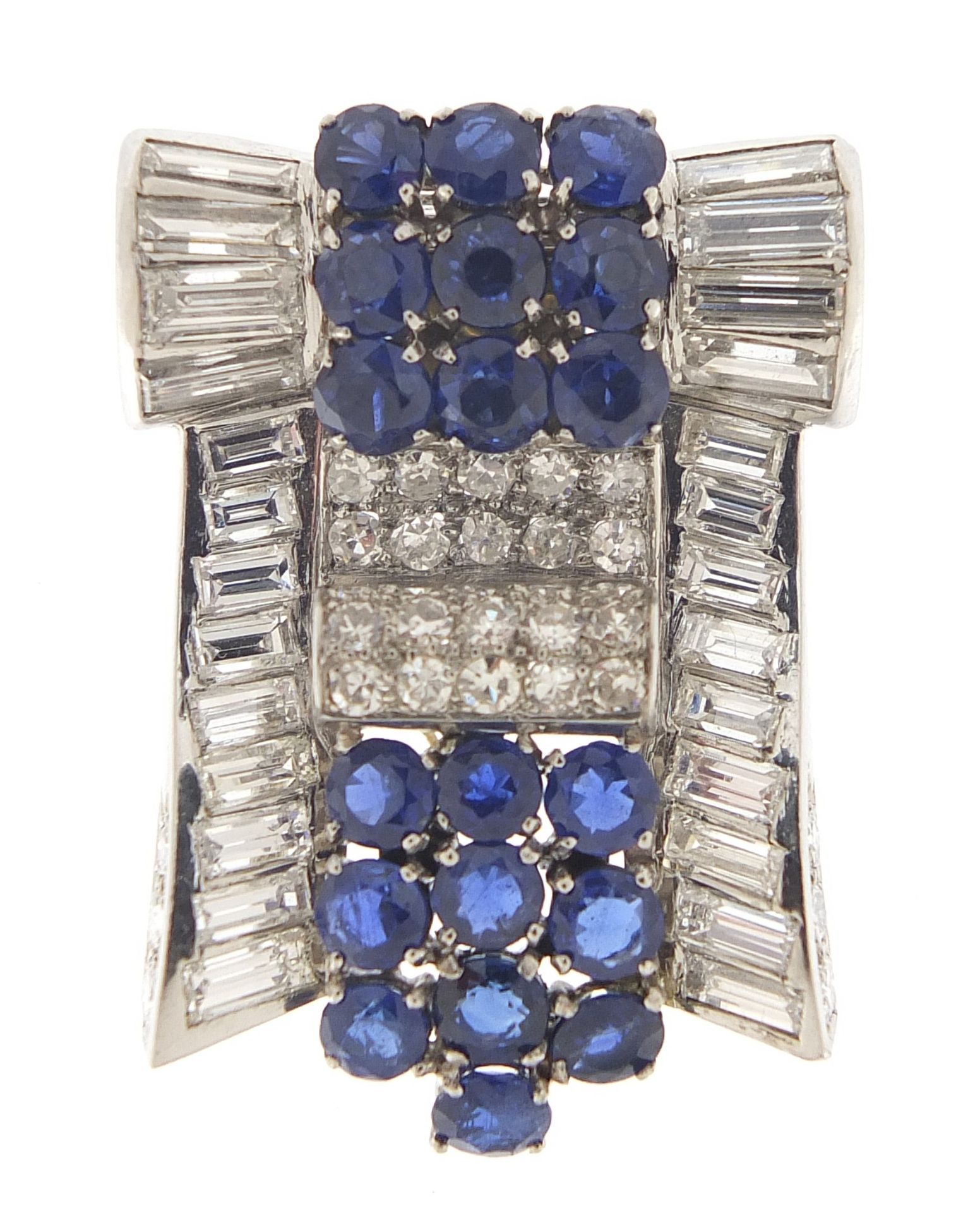 Good Art Deco diamond and sapphire three piece scarf clip brooch, A & M maker's mark, 6cm wide, 32. - Image 13 of 21