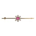 9ct gold ruby and diamond bar brooch, the ruby approximately 4.5mm x 4mm, the larger diamond