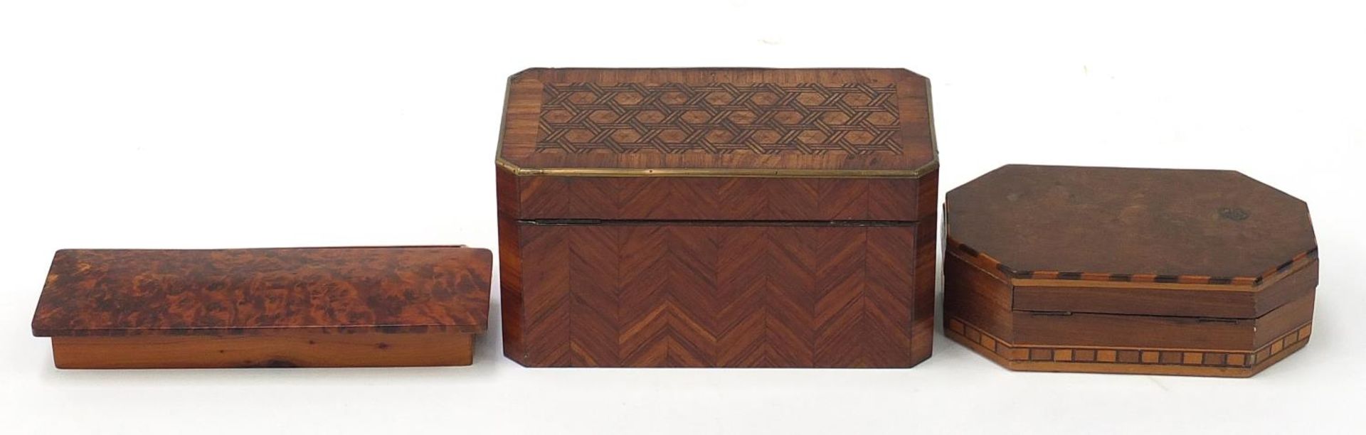 Woodenware including an inlaid rosewood tea caddy with twin divisional interior and a burr wood - Image 5 of 6