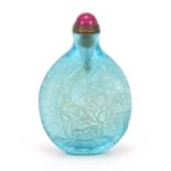 Chinese glass snuff bottle with hardstone stopper carved with birds above lilies, 8cm high : For