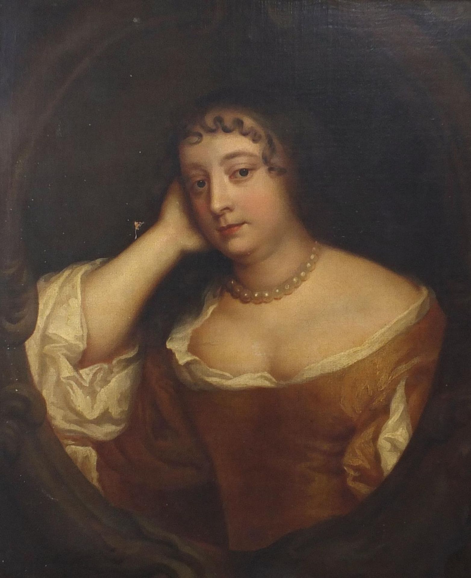 After Sir Peter Lely - Portrait of a lady wearing a pearl necklace, antique old master oil on