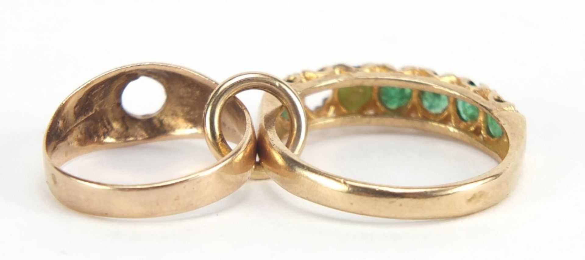 Two 9ct gold rings including one set with emeralds, sizes M and E, total 4.3g : For Further - Image 3 of 6