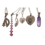 Six silver pendants on silver necklaces including two love heart lockets, amethyst and marcasite,
