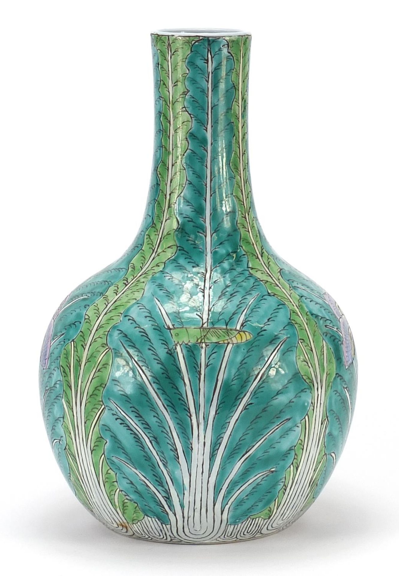 Chinese porcelain vase hand painted with butterflies and cabbage leaves, 33.5cm high : For Further - Image 4 of 8