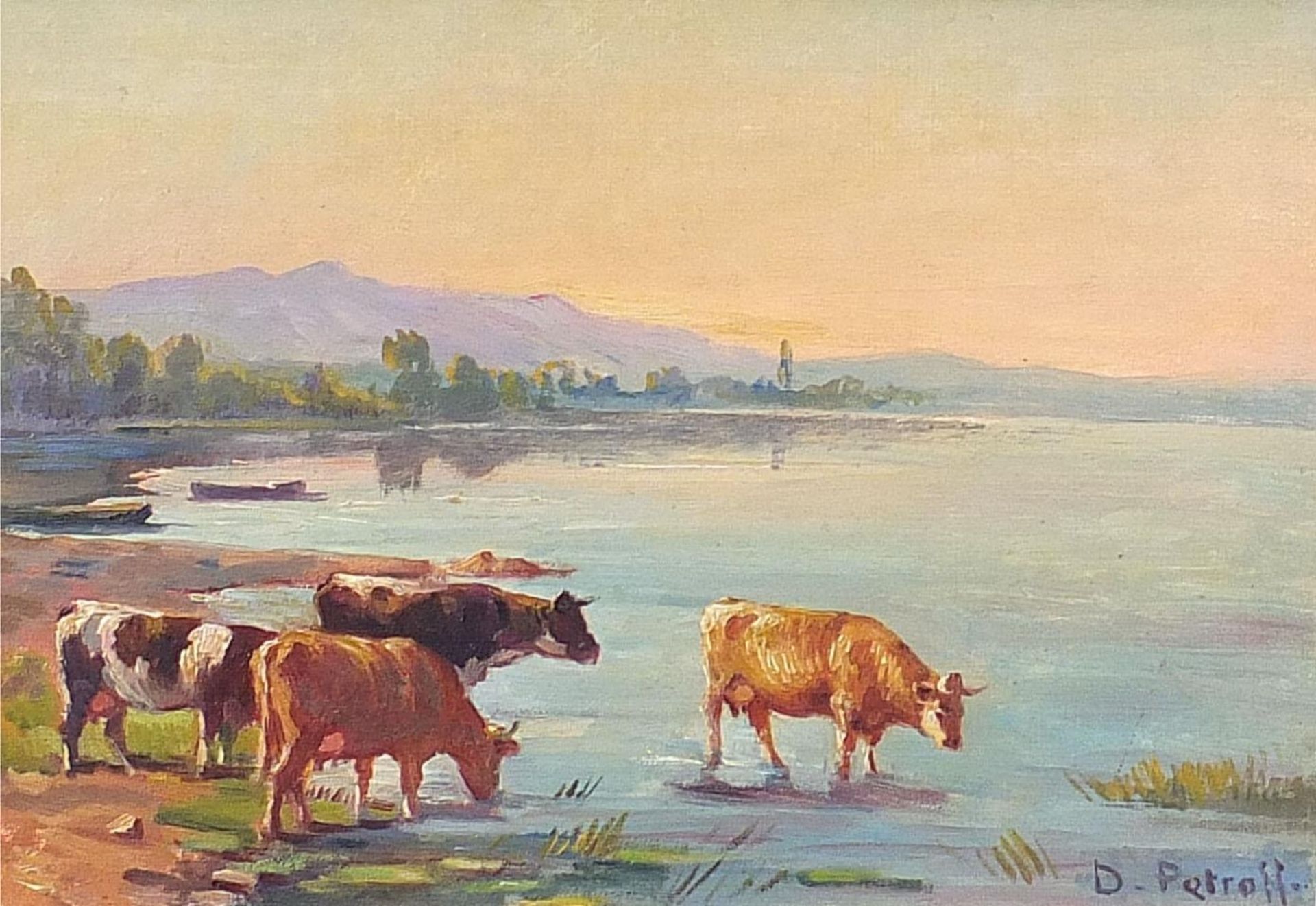 Cows beside water, continental school oil on board, indistinctly signed, possibly D Petrott,