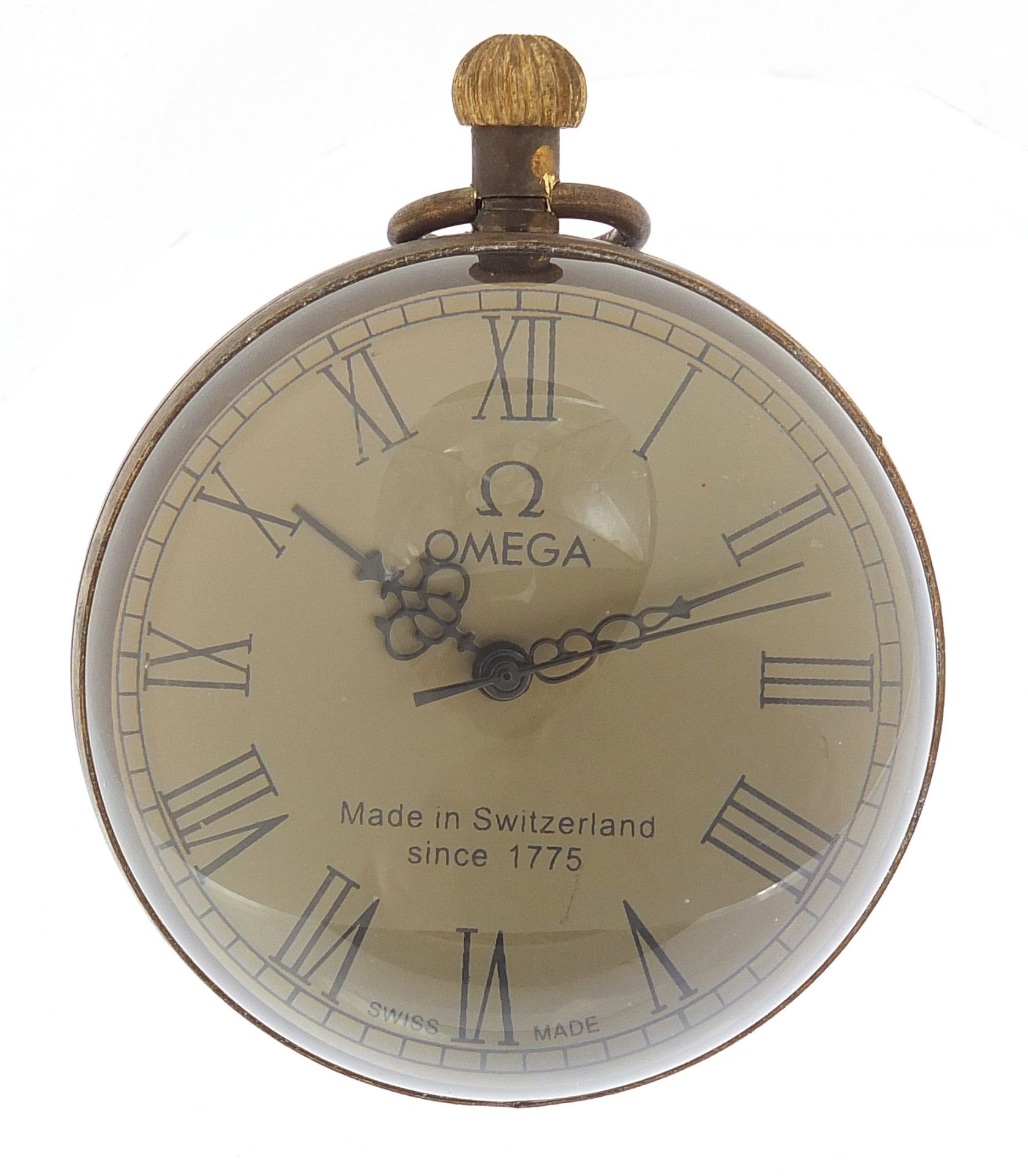 Globular brass and glass desk clock, 6.5cm in diameter : For Further Condition Reports Please
