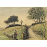 G F Horoein - A lane, Saddleworth, Lancashire, signed watercolour, label verso, mounted and