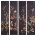 Birds of Paradise amongst flowers and bamboo grove, set of four Chinese hardwood panels with