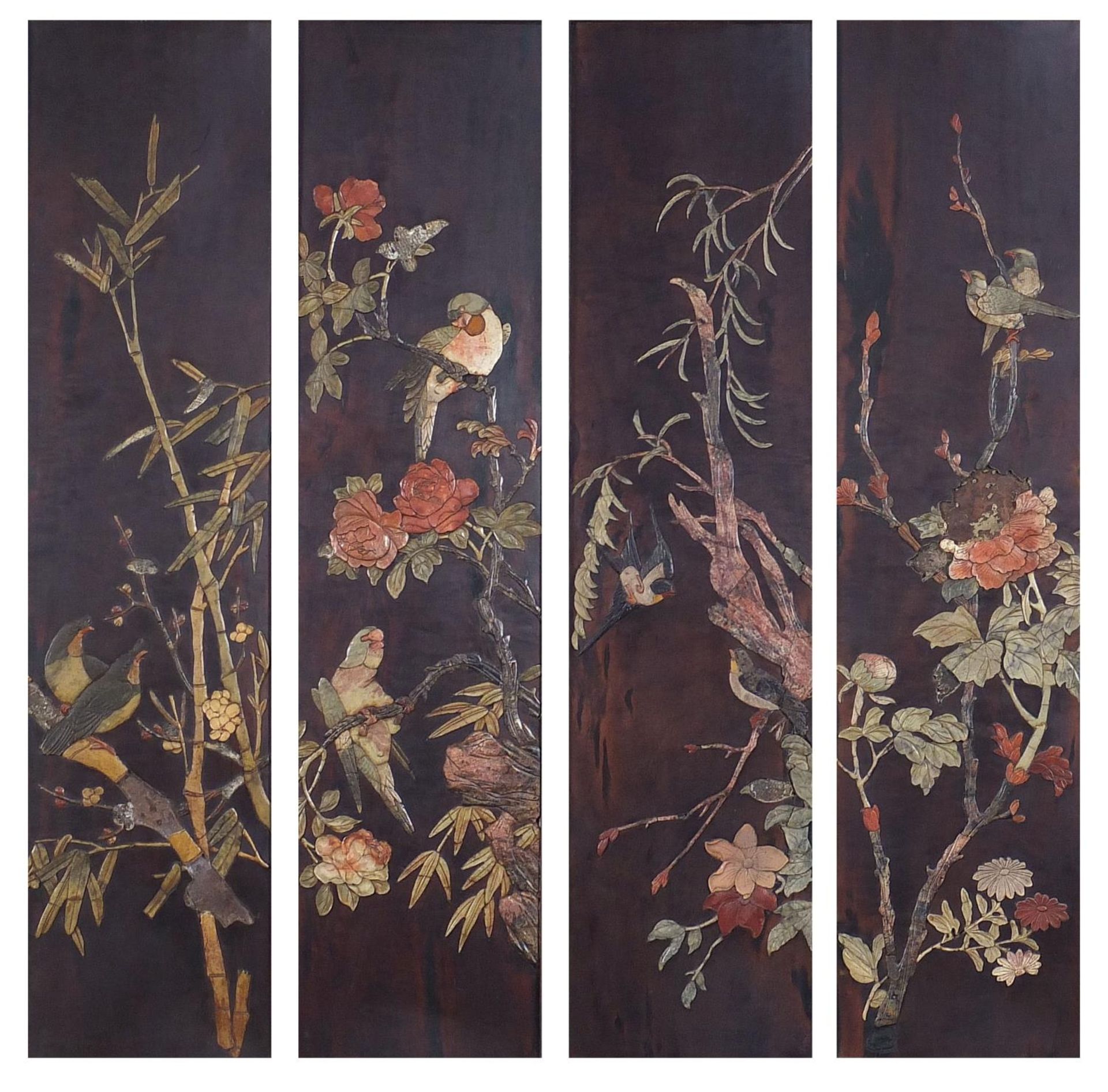 Birds of Paradise amongst flowers and bamboo grove, set of four Chinese hardwood panels with