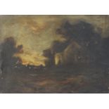 Cottage before a landscape and trees, 19th century oil on canvas, unframed, 56cm x 40.5cm