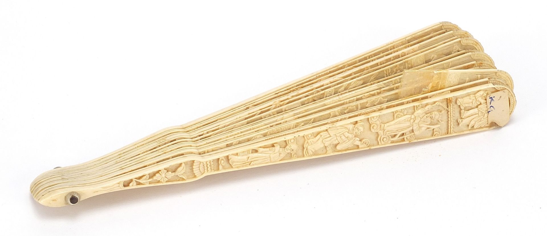 Chinese Canton ivory brise fan carved with figures amongst pagodas and in boats, 18cm in length when - Image 5 of 6