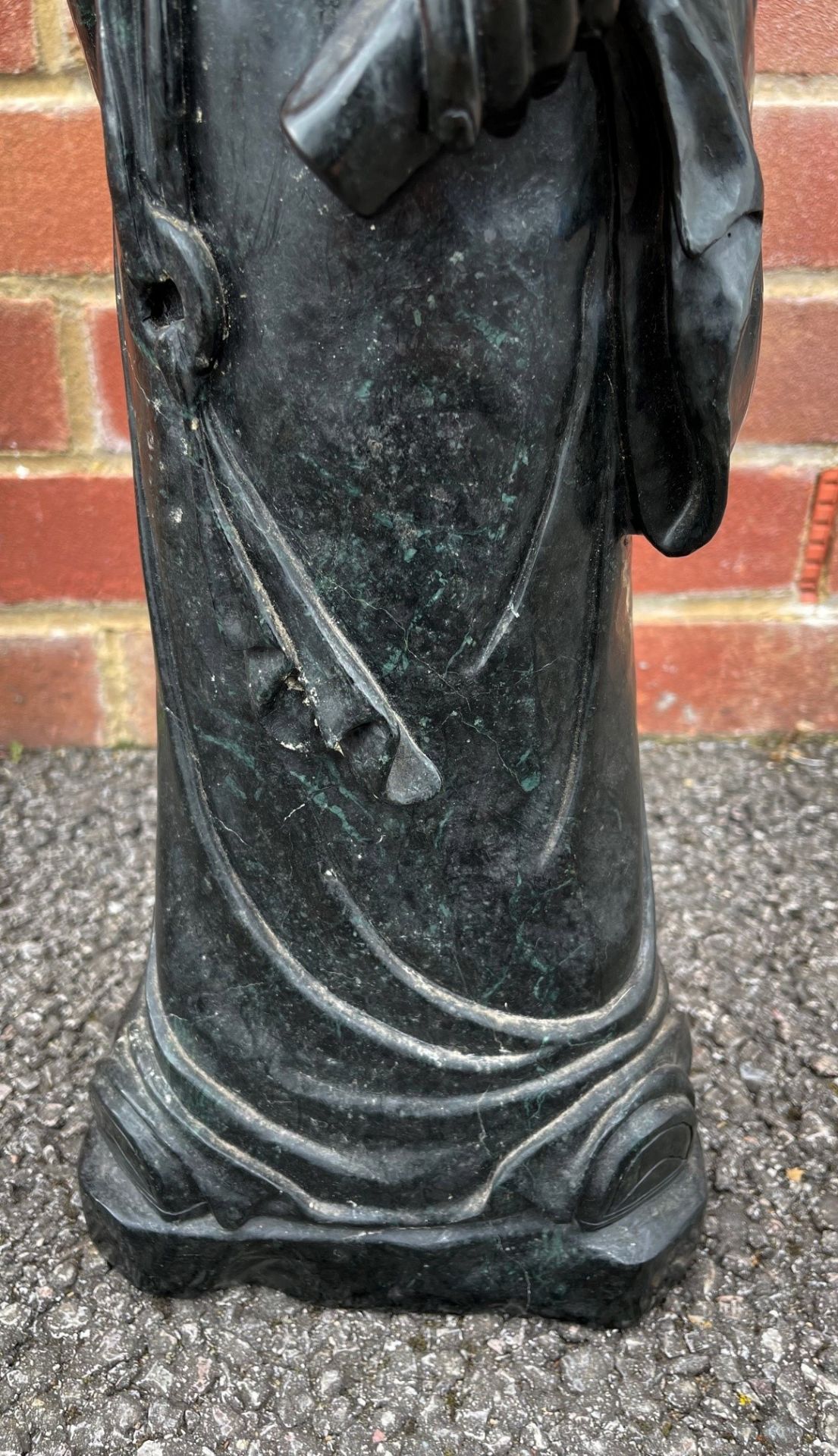 Large Chinese carved green/black stone figure of a standing figure holding a scroll, 69cm high - Image 3 of 7