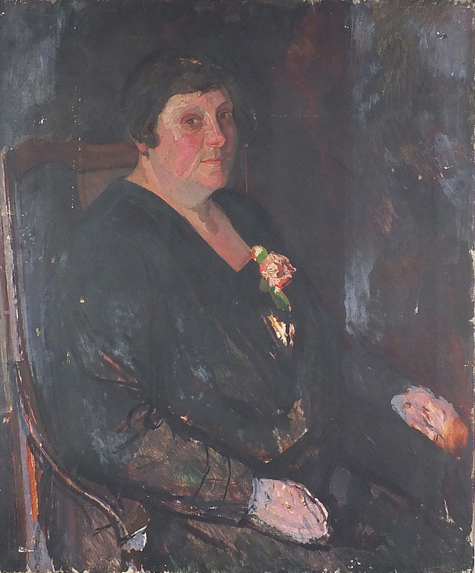 Half length portrait of a seated lady wearing a black dress, 20th century oil on canvas, unframed,