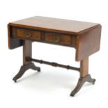 Walnut quarter veneered and cross banded drop end table with two frieze drawers, 51cm H x 65cm W (