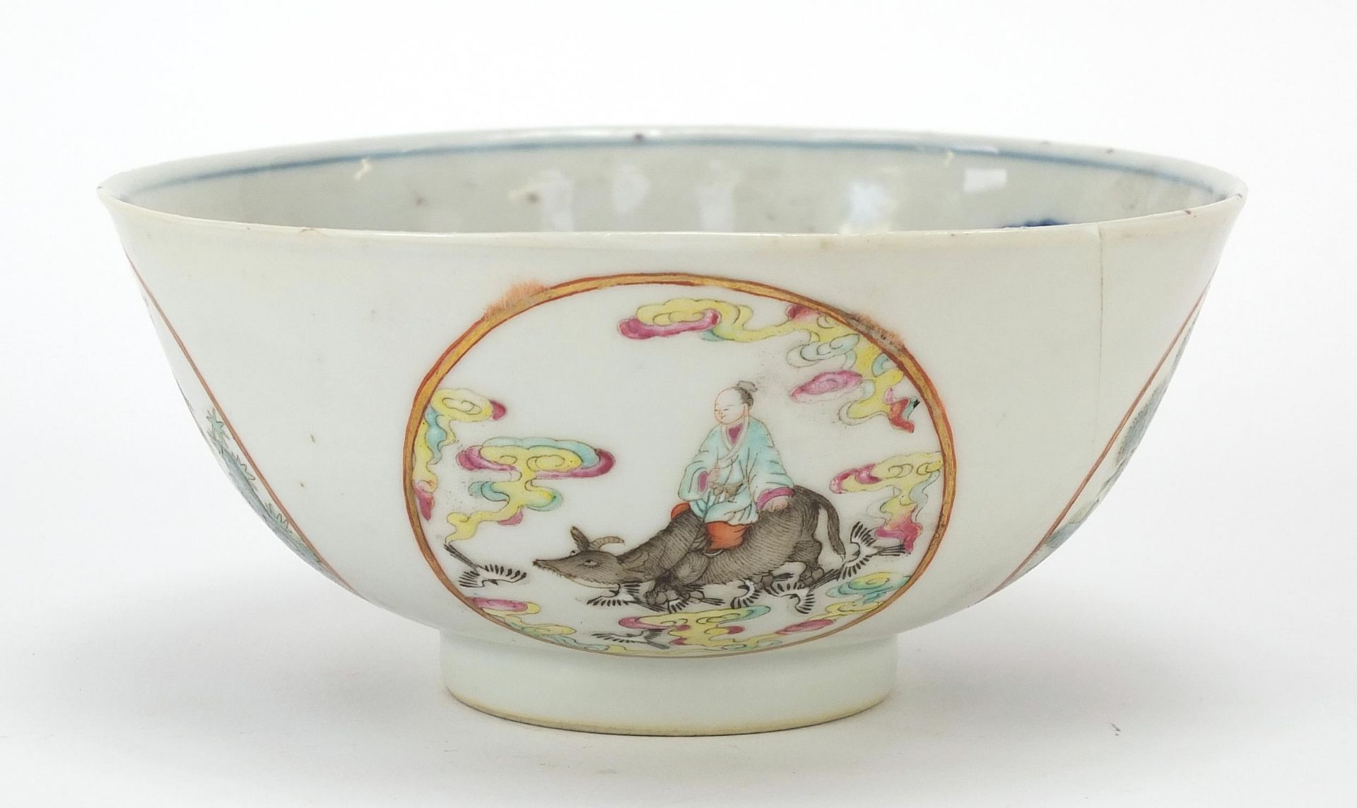 Chinese porcelain bowl hand painted in the famille rose palette with panels of figures, birds and - Image 3 of 13