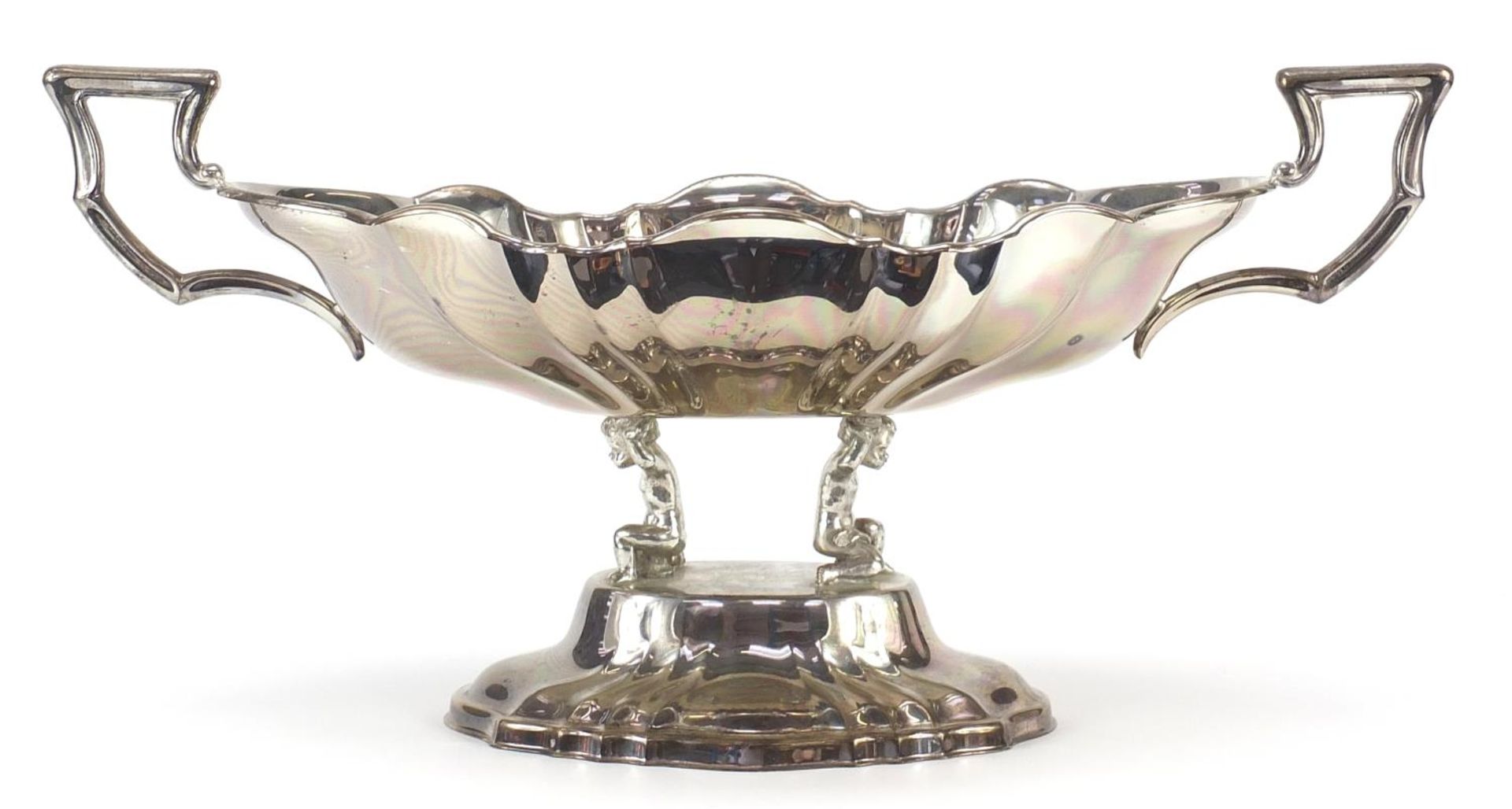 Large silver plated centrepiece with scalloped edges and handles on the end, supported by two - Image 3 of 4