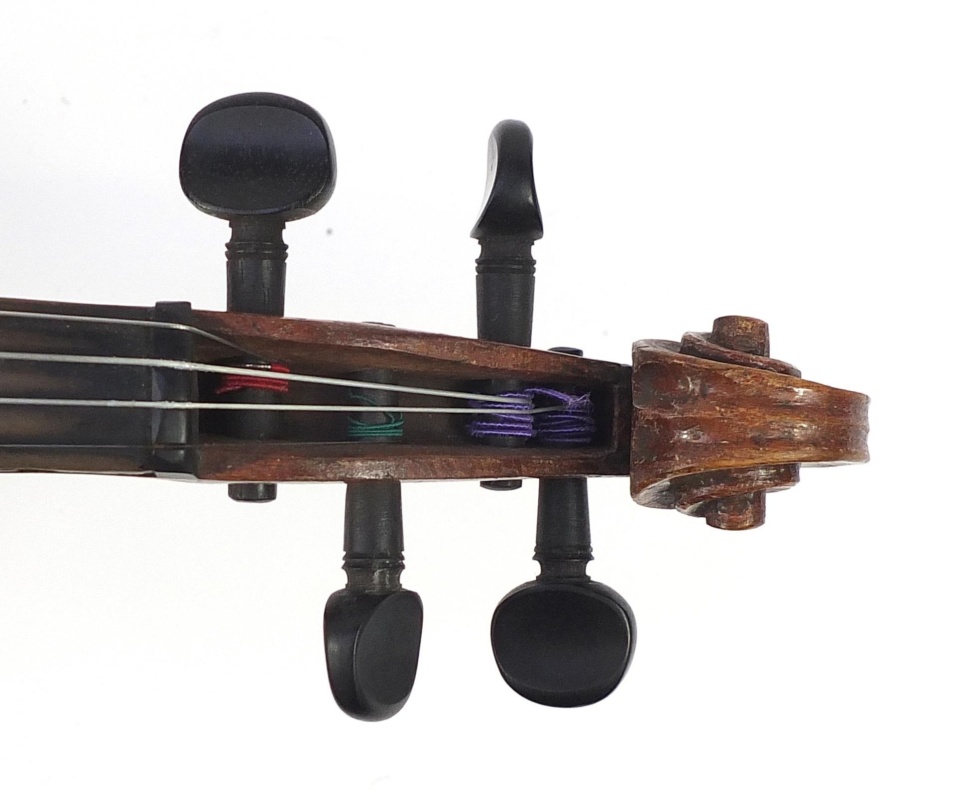 Old wooden violin with two bows and protective case, the violin back 14 inches in length, one violin - Image 3 of 11